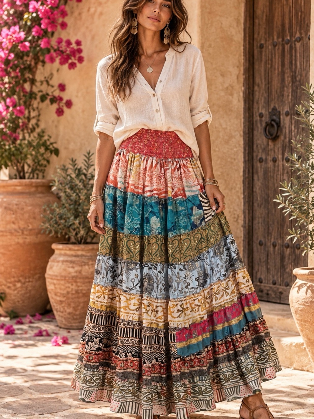 Boho Tiered Multi-Color Maxi Skirt with Smocked Waist